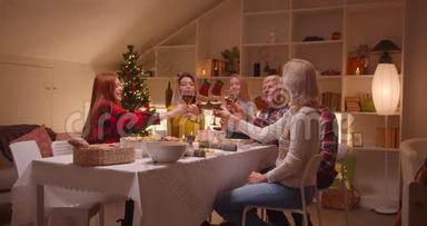 大白种人家庭圣诞晚餐，酒杯，烤面包，欢乐<strong>团圆</strong>，不同的世代